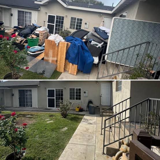 Apartment courtyard piled with left-behind furniture and bags before cleanup and clear after