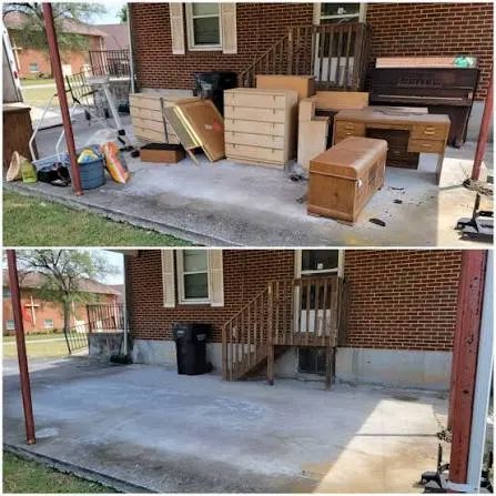 Carport beside a brick house with old dressers and cabinets before and an empty slab after