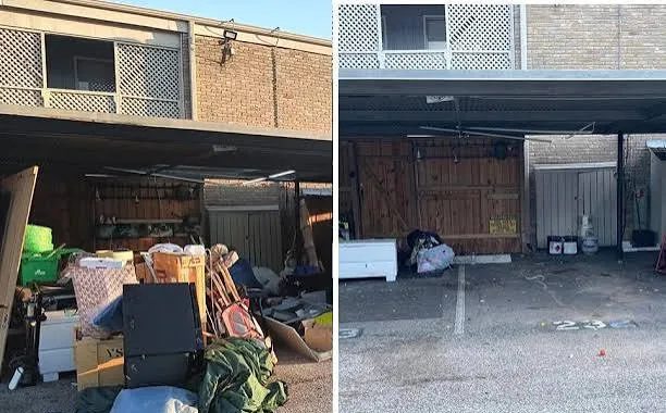 Covered parking space piled with furniture and bags before removal and clear after