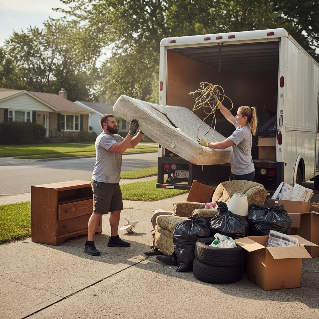 Two crew members lifting an old mattress into a box truck beside furniture, bags and tires at the curb