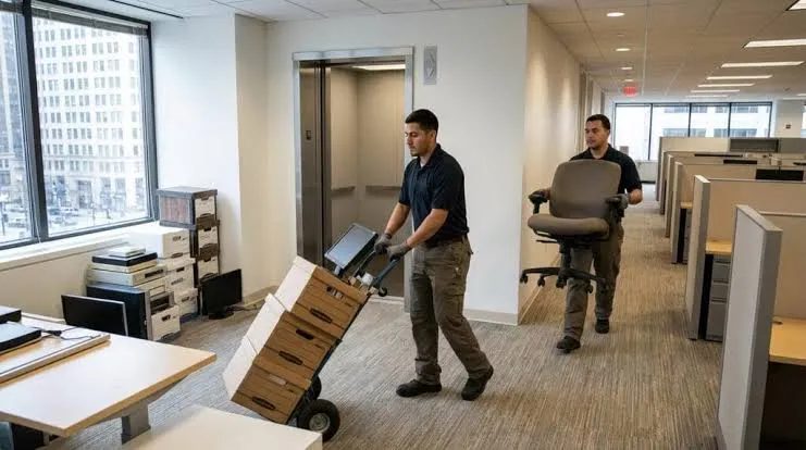 Two crew members moving a hand truck of boxes and an office chair past cubicles near an elevator