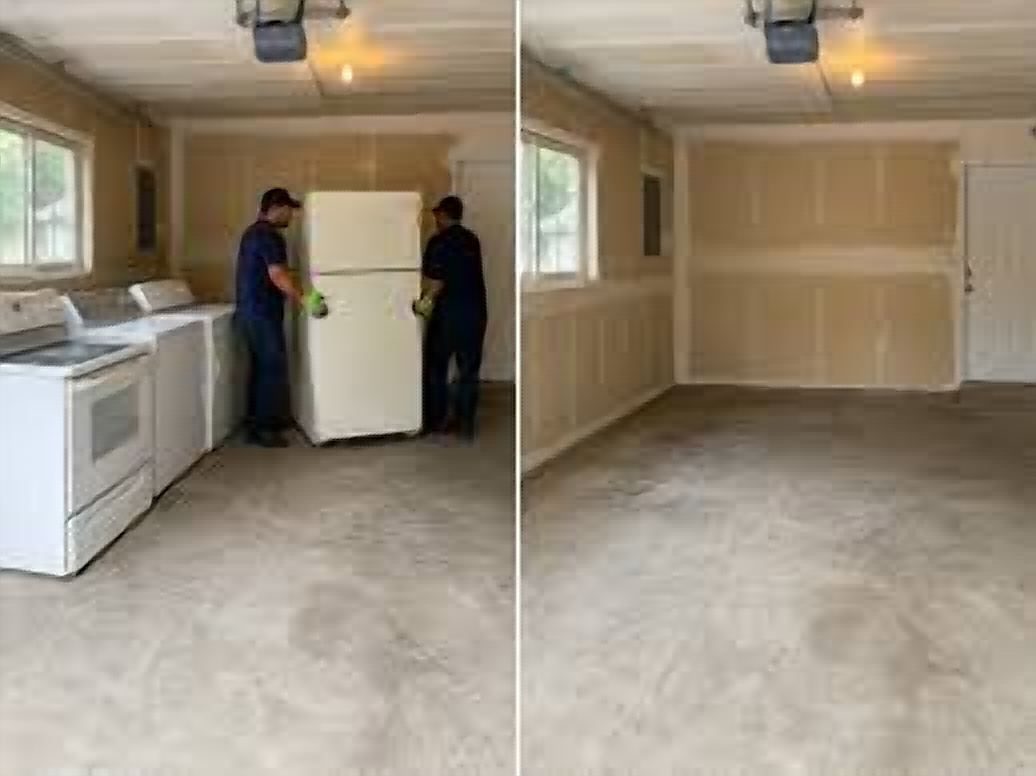 Two crew members moving a refrigerator out of a garage with a washer and range, and the empty garage after