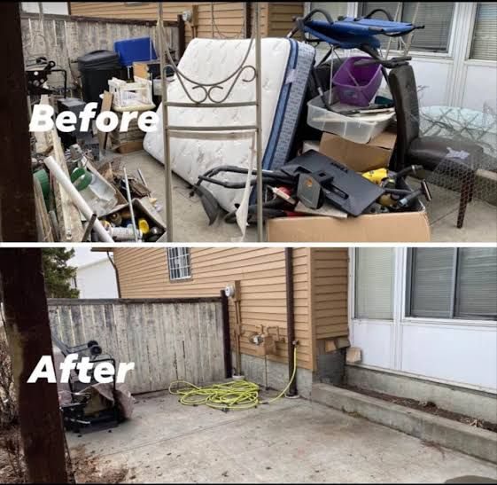 Patio crowded with a mattress, bed frame and household items before removal and cleared after