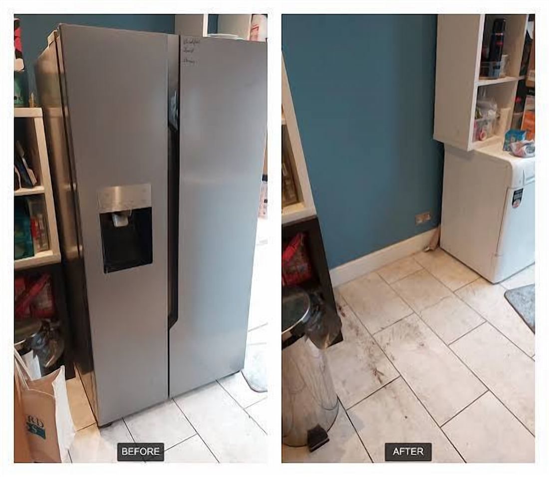 Stainless side-by-side refrigerator in a room before removal and the empty spot after