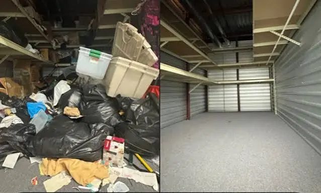 Storage room filled with trash bags and bins before clearing and swept clean after