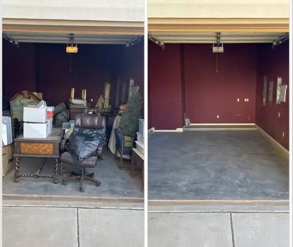 Storage unit holding an antique table, office chair and boxes before clearing and empty after