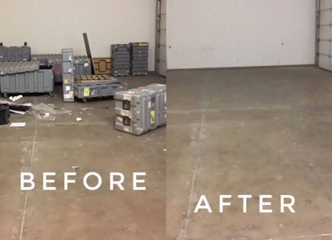 Warehouse bay with equipment cases and debris before and an empty floor after
